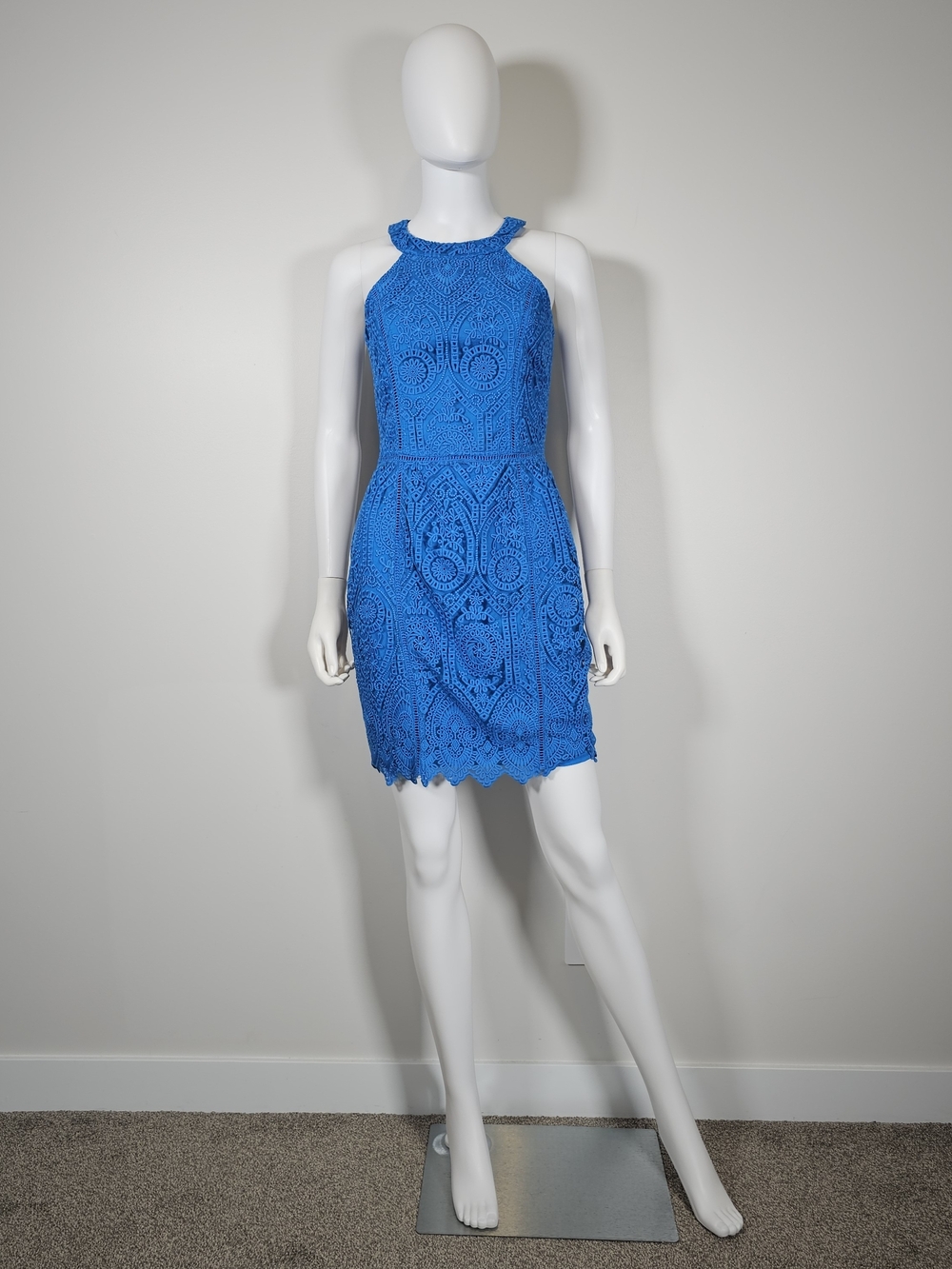 Adelyn Rae Anthropologie Cobalt Blue Embroidered Lace Halter Mini Dress Sz S